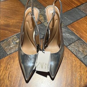 Zara Silver pointy toe Slingback Heels